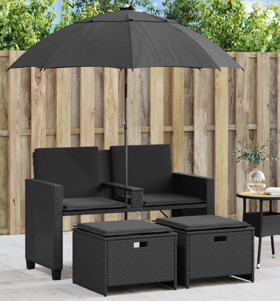 Gartensofa 2-Sitzer Sonnenschirm und Hocker Schwarz Poly-Rattan