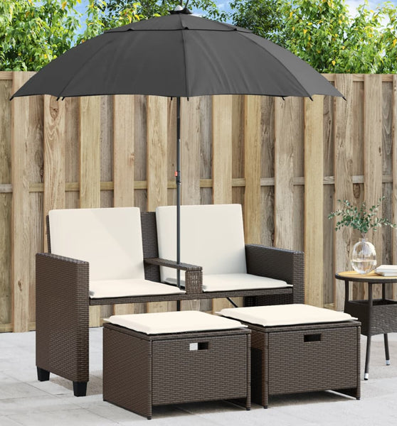 Gartensofa 2-Sitzer Sonnenschirm und Hocker Braun Poly Rattan