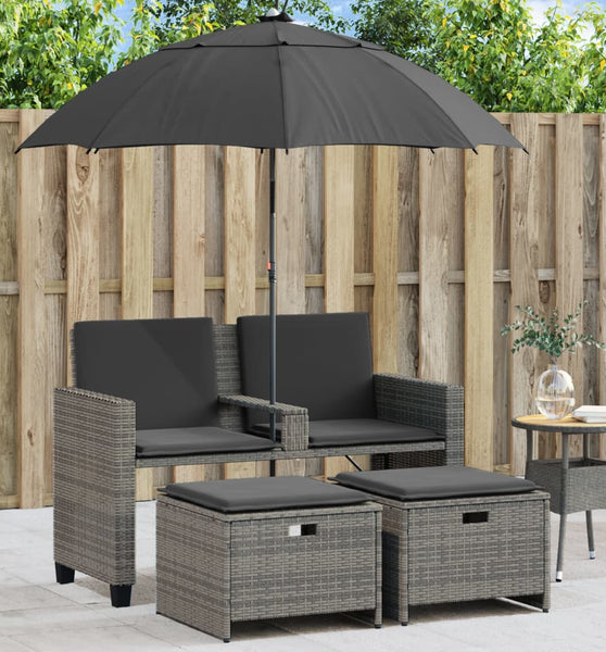 Gartensofa 2-Sitzer Sonnenschirm und Hocker Grau Poly Rattan