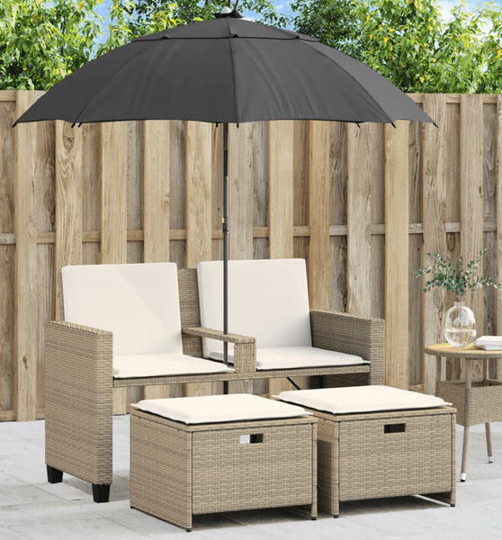 Gartensofa 2-Sitzer Sonnenschirm und Hocker Beige Poly-Rattan