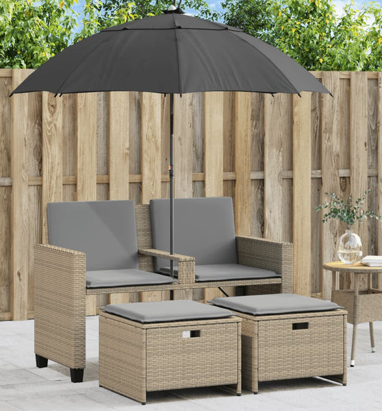 Gartensofa 2-Sitzer Sonnenschirm und Hocker Beige Poly-Rattan