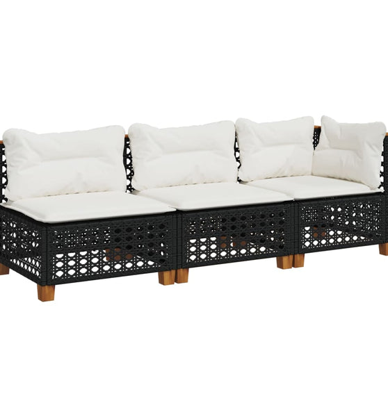 Gartensofa mit Kissen 3-Sitzer Schwarz Poly Rattan