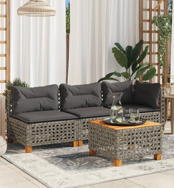 Gartensofa mit Kissen 3-Sitzer Grau Poly Rattan