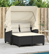 Gartensofa 2-Sitzer mit Dach und Hockern Schwarz Poly Rattan