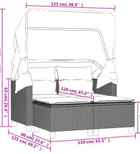 Gartensofa 2-Sitzer mit Dach und Hockern Schwarz Poly Rattan