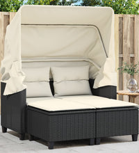 Gartensofa 2-Sitzer mit Dach und Hockern Schwarz Poly Rattan