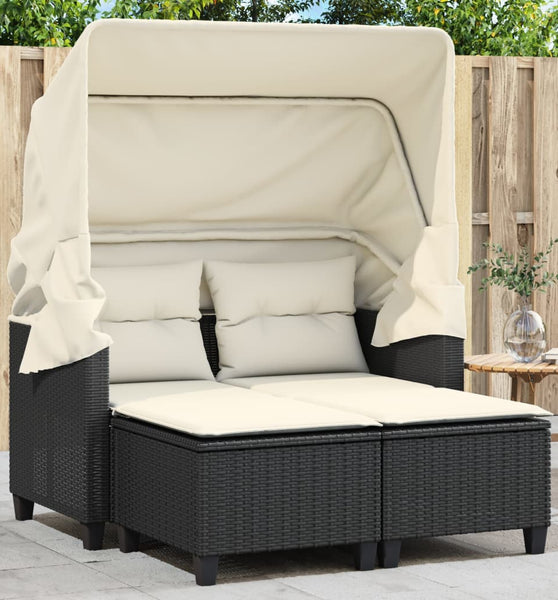 Gartensofa 2-Sitzer mit Dach und Hockern Schwarz Poly Rattan