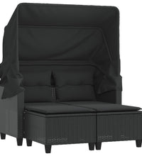 Gartensofa 2-Sitzer mit Dach und Hockern Schwarz Poly Rattan
