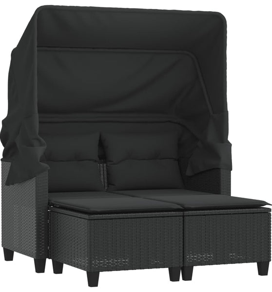 Gartensofa 2-Sitzer mit Dach und Hockern Schwarz Poly Rattan