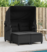 Gartensofa 2-Sitzer mit Dach und Hockern Schwarz Poly Rattan