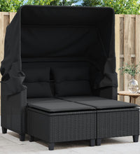 Gartensofa 2-Sitzer mit Dach und Hockern Schwarz Poly Rattan