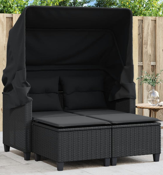 Gartensofa 2-Sitzer mit Dach und Hockern Schwarz Poly Rattan