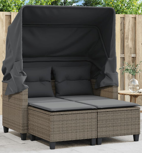 Gartensofa 2-Sitzer mit Dach und Hockern Grau Poly Rattan