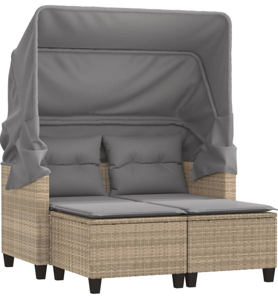 Gartensofa 2-Sitzer mit Dach und Hockern Beige Poly Rattan