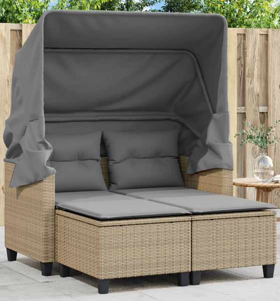 Gartensofa 2-Sitzer mit Dach und Hockern Beige Poly Rattan