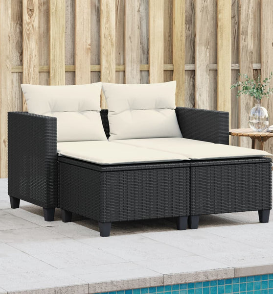 Gartensofa 2-Sitzer mit Hockern Schwarz Poly Rattan