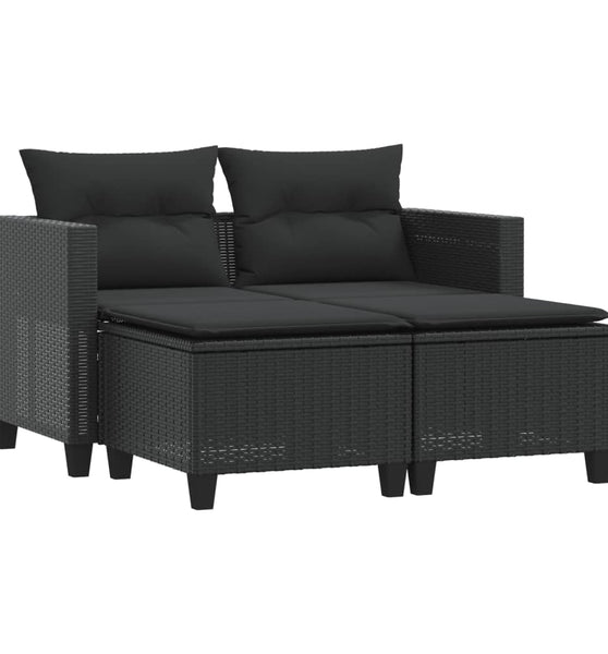 Gartensofa 2-Sitzer mit Hockern Schwarz Poly Rattan