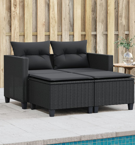 Gartensofa 2-Sitzer mit Hockern Schwarz Poly Rattan