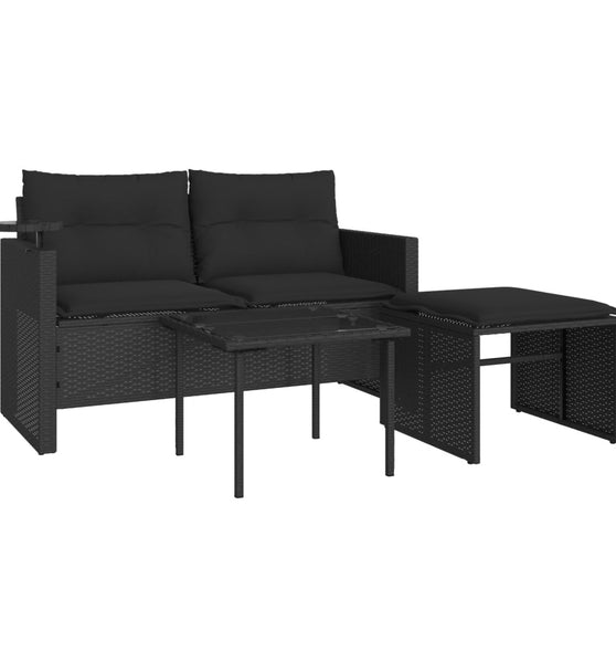 3-tlg. Garten-Sofagarnitur mit Kissen Schwarz Poly Rattan