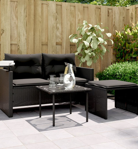 3-tlg. Garten-Sofagarnitur mit Kissen Schwarz Poly Rattan