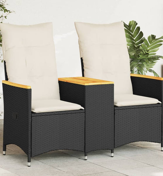 Gartensofa 2-Sitzer Verstellbar mit Tisch Schwarz Poly Rattan