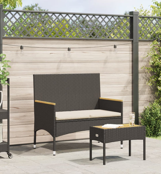 Gartenbank 2-Sitzer mit Kissen und Tisch Schwarz Poly Rattan