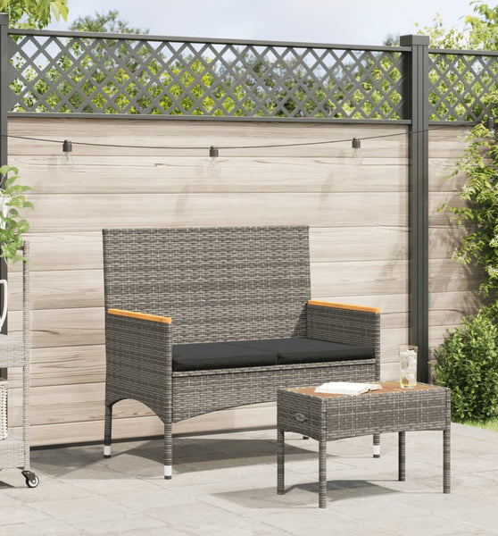 Gartenbank 2-Sitzer mit Kissen und Tisch Grau Poly Rattan