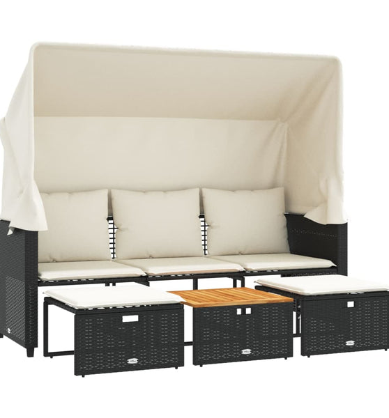 Outdoor-Sofa 3-Sitzer mit Dach und Hockern Schwarz Poly-Rattan