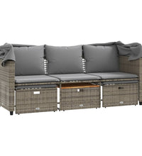 Outdoor-Sofa 3-Sitzer mit Dach und Hockern Grau Poly Rattan