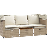 Outdoor-Sofa 3-Sitzer mit Dach und Hockern Beige Poly Rattan