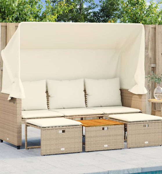 Outdoor-Sofa 3-Sitzer mit Dach und Hockern Beige Poly Rattan