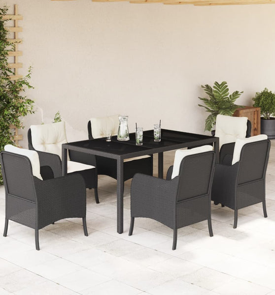 7-tlg. Garten-Essgruppe mit Kissen Schwarz Poly Rattan