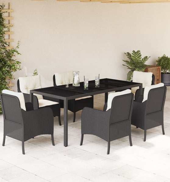 7-tlg. Garten-Essgruppe mit Kissen Schwarz Poly Rattan