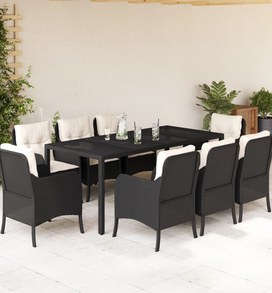 9-tlg. Garten-Essgruppe mit Kissen Schwarz Poly Rattan
