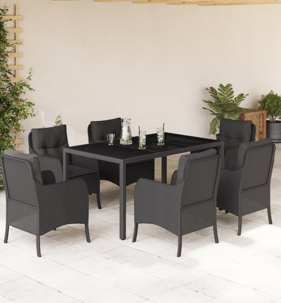 7-tlg. Garten-Essgruppe mit Kissen Schwarz Poly Rattan