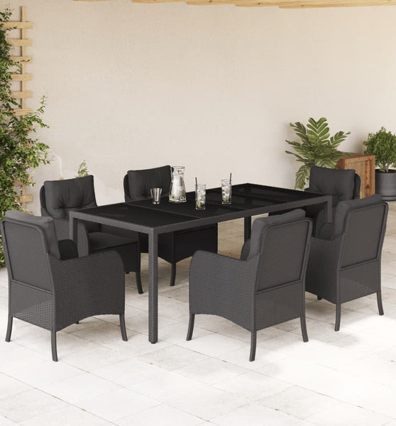 7-tlg. Garten-Essgruppe mit Kissen Schwarz Poly Rattan