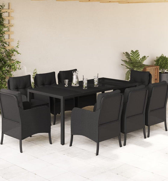 9-tlg. Garten-Essgruppe mit Kissen Schwarz Poly Rattan