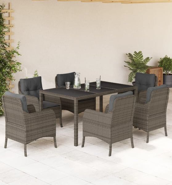 7-tlg. Garten-Essgruppe mit Kissen Grau Poly Rattan