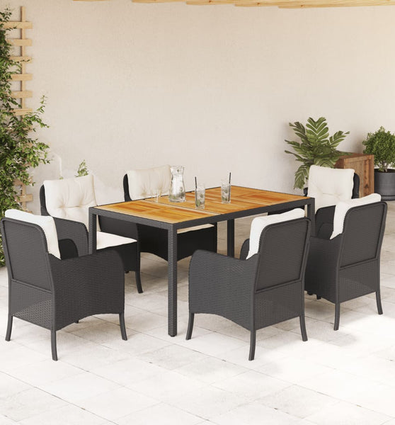 7-tlg. Garten-Essgruppe mit Kissen Schwarz Poly Rattan