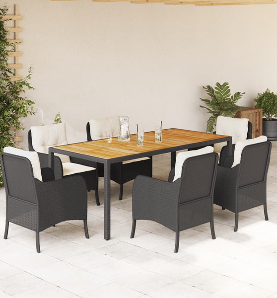 7-tlg. Garten-Essgruppe mit Kissen Schwarz Poly Rattan