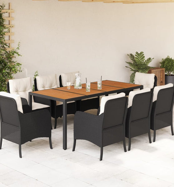 9-tlg. Garten-Essgruppe mit Kissen Schwarz Poly Rattan