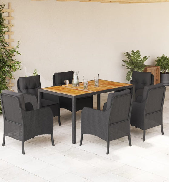7-tlg. Garten-Essgruppe mit Kissen Schwarz Poly Rattan