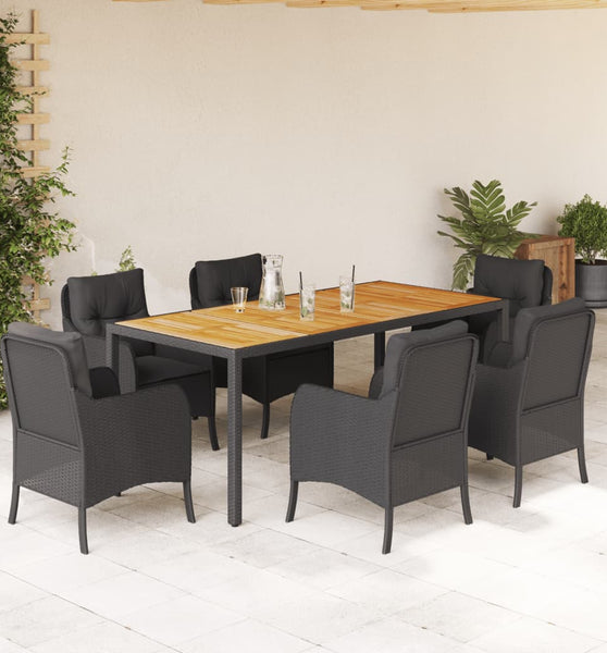 7-tlg. Garten-Essgruppe mit Kissen Schwarz Poly Rattan