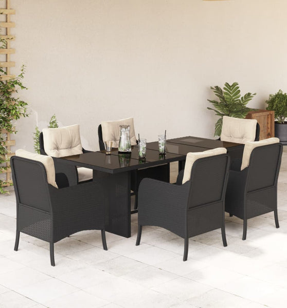 7-tlg. Garten-Essgruppe mit Kissen Schwarz Poly Rattan