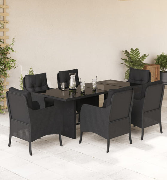 7-tlg. Garten-Essgruppe mit Kissen Schwarz Poly Rattan