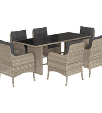 7-tlg. Garten-Essgruppe mit Kissen Hellgrau Poly Rattan