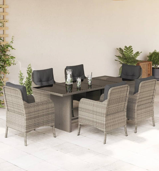 7-tlg. Garten-Essgruppe mit Kissen Hellgrau Poly Rattan