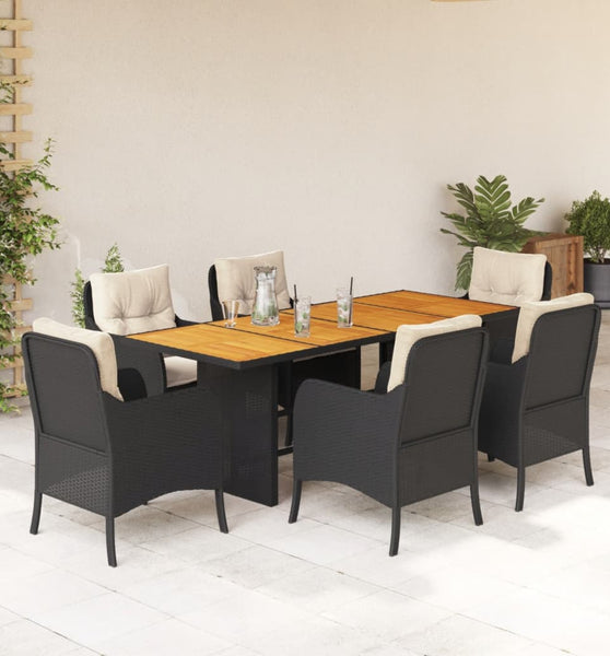 7-tlg. Garten-Essgruppe mit Kissen Schwarz Poly Rattan