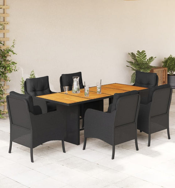 7-tlg. Garten-Essgruppe mit Kissen Schwarz Poly Rattan