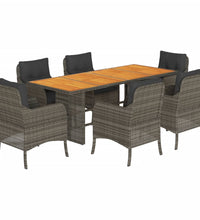 7-tlg. Garten-Essgruppe mit Kissen Grau Poly Rattan
